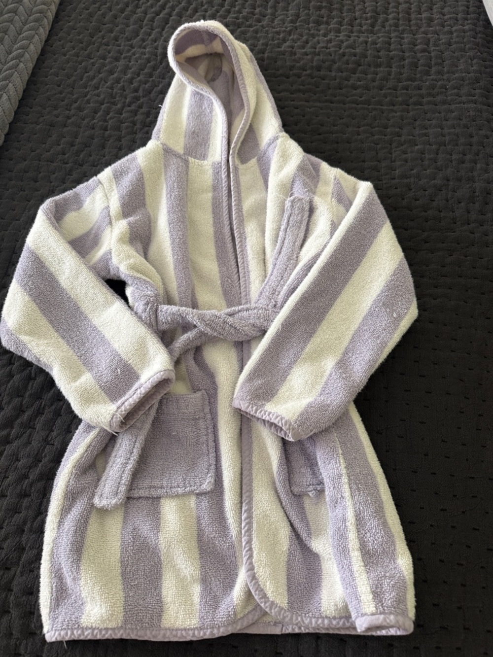 Adorable Kids Hooded Bathrobe Plush Striped Lavender and White Pajama Robe